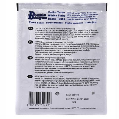 Спиртовые турбо дрожжи Double Dragon Vodka, 72г Спиртовые турбо дрожжи Double Dragon Vodka, 72г